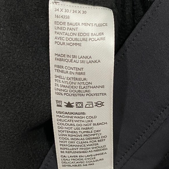 Eddie Bauer Fleece Lined Tech Pants Mens 34 x 30 Black Water Repellent Insulated - Picture 11 of 12